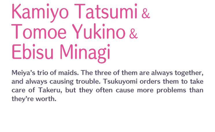 Kamiyo Tatsumi & Tomoe Yukino & Ebisu Minagi /  / Meiya’s trio of maids. The three of them are always together, and always causing trouble. Tsukuyomi orders them to take care of Takeru, but they often cause more problems than they’re worth.